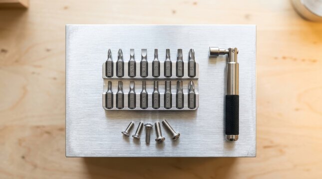 Metal ratchet driver with interchangeable hex bits and screws organized on a metallic surface