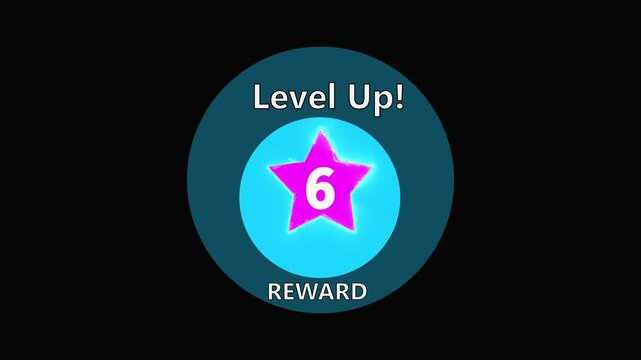 Minimalist gaming level up! icon symbolizing progression and achievements,  featuring reward 6 'level up' alert. Neon game complete screen interface with mission reward. 4k video