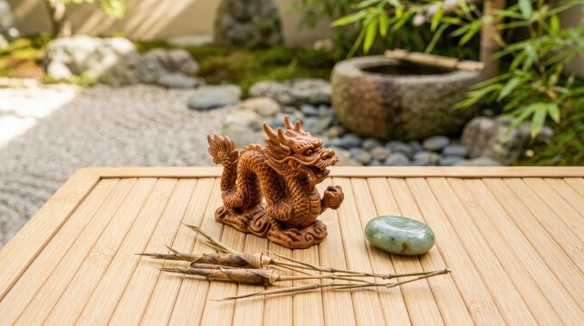 Intricately Carved Wooden Dragon Sculpture in a Serene Zen Garden Setting with Natural Elements
