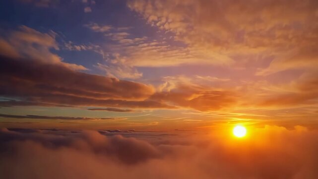 Golden sunset above expansive cloudscape with glowing sunlight illuminating layered clouds and colorful evening sky in peaceful aerial atmospheric landscape footage