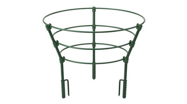 Dark green metal plant support cage with circular tiers for climbing flowers and vegetables isolated on transparent background