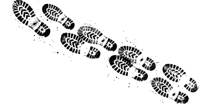 Black boot footprints trail of a person walking on the ground