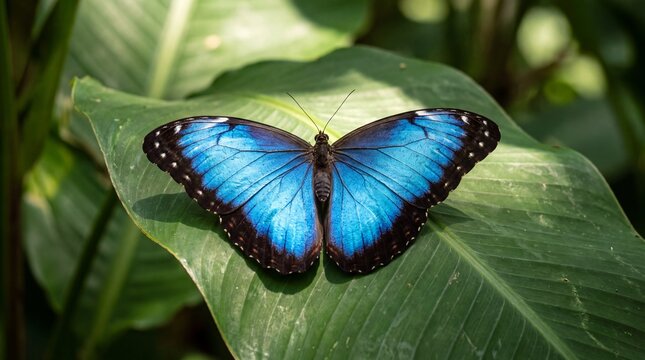 Blue Morpho Butterfly With Iridescent Wings Open on Leaf