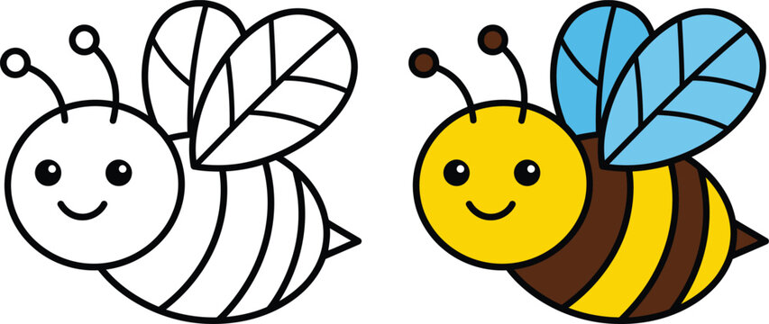 Cute bee coloring page vector illustration, happy bumblebee line art outline icon, yellow insect set for kids educational activity print