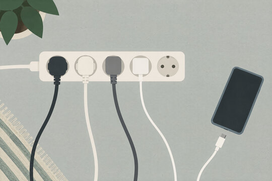 Power strip and smartphone on a tabletop