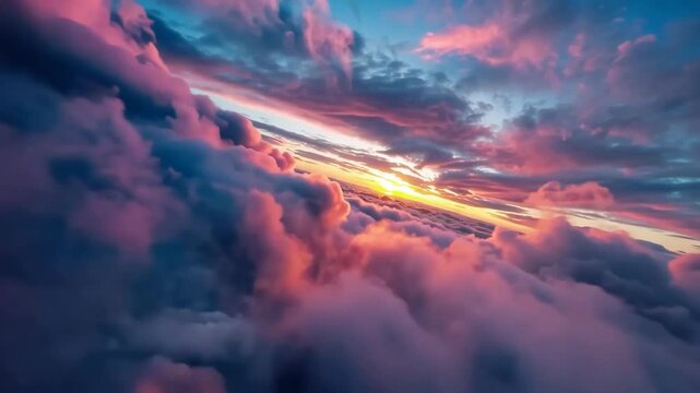 Sunlit horizon emerges as colorful clouds billow and shift above a glowing sea of mist during a cinematic sunrise aerial journey through the atmosphere