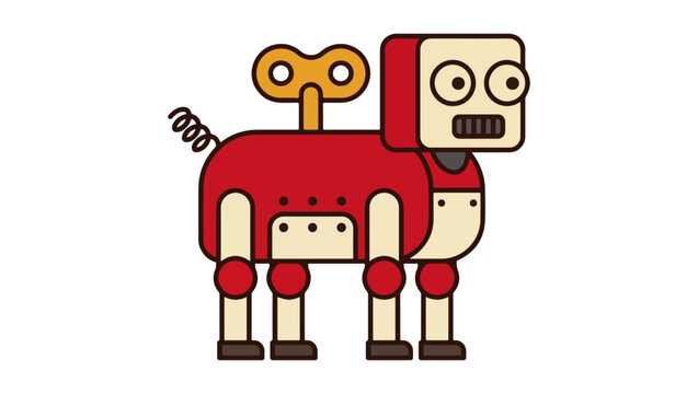 Retro Tin Toy Quadruped Robot Dog Flat Vector Illustration Red and Cream Wind-Up Robot,retro robot, tin toy robot, wind-up robot, robot dog, quadruped robot