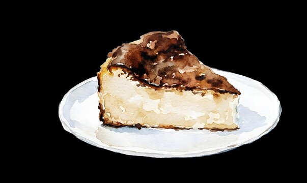 Watercolor Illustration of Burnt Basque Cheesecake Slice on White Plate