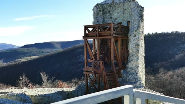 Ancient Thracian tower in archaeological complex Perperikon Bulgaria. Eastern Rhodopes site from Chalcolithic era 8000 years ago. Historic ruins for history and archaeology presentations.