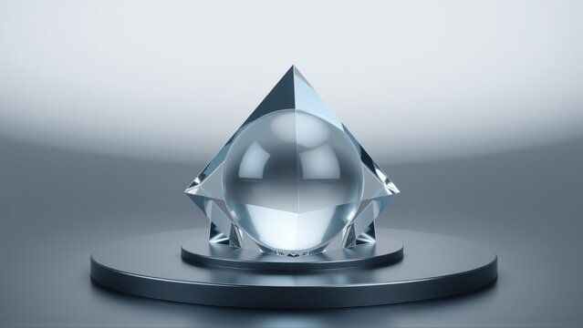 Glass sphere rests upon star shaped base, pyramid above. Dramatic lighting creates sleek modern presentation. Minimalist design.