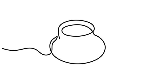 Coffee cup on saucer one line art animation, continuous line drawing hot tea flavored drink breakfast motion, cafe cafeteria menu break delicious abstract 4k self-drawing video