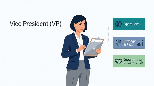 Vice president professional woman holding digital tablet with corporate operations and strategy diagrams
