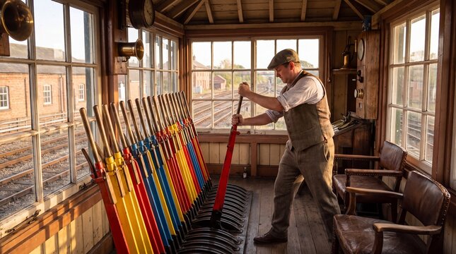Signalman Pulling Lever in Historic Railway Signal Box