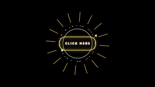 Golden click here button and radiating HUD sunburst loop