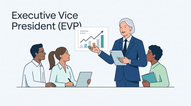 Executive vice president presenting business growth report to team in modern conference room during corporate meeting vector art