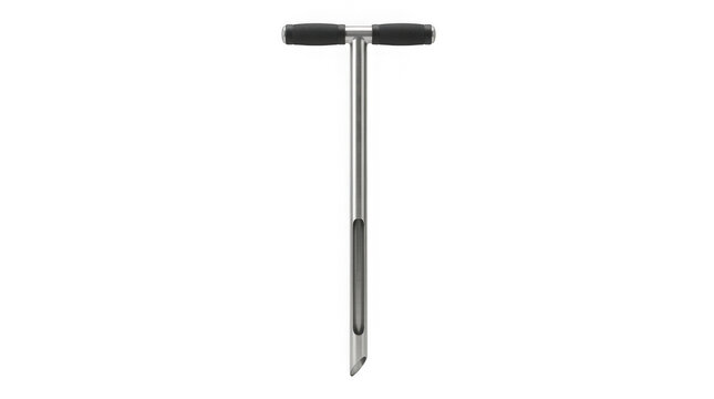 Detailed rendering of a modern ice pick tool with a black handle isolated on transparent background