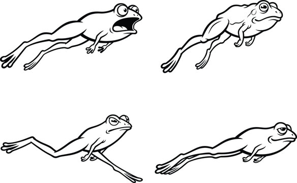 Vector set of funny cartoon frogs jumping mid-air with different facial expressions in black and white line art.