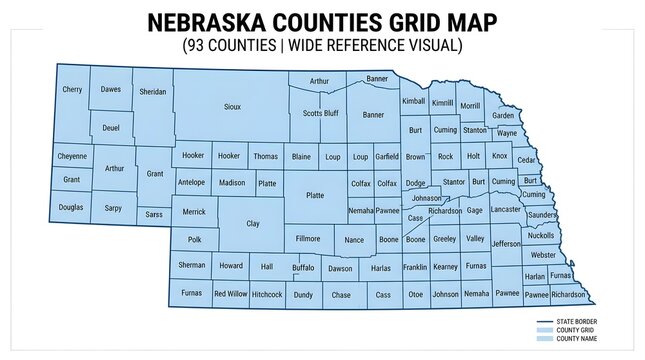 Detailed vector illustration of Nebraska counties grid map featuring all ninety three county names and clear state borders