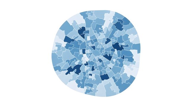 Detailed blue circular map graphic showing urban districts with various shades representing statistical data variation across regions