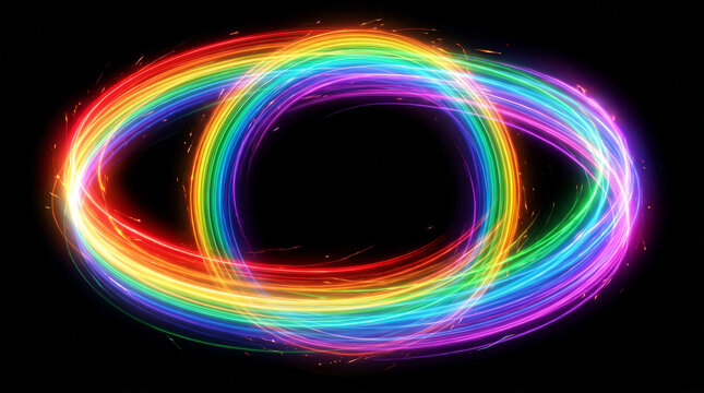 Circular ring light streak in rainbow colors forming a glowing halo shape, vibrant energy overlay for VFX design, and cinematic compositing background