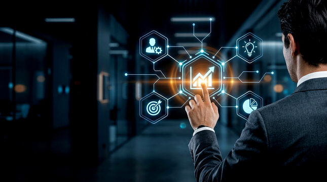 Executive engaging vibrant digital interface guiding proactive Digital Transformation Strategy for organizational progress and data analysis in sleek corporate environment
