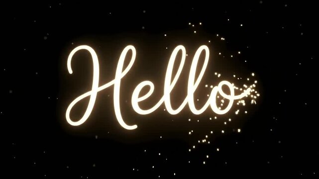 Enchanting "Hello" in Luminous Cursive Script with Sparkling Particles, Symbolizing a Warm Welcome or Festive Greeting on a Dark Background