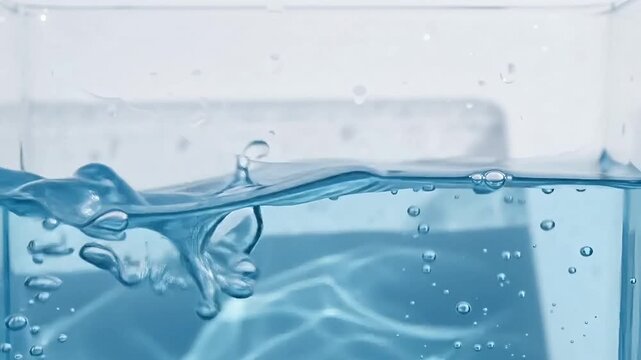 Blue water splashing inside a clear glass container closeup motion