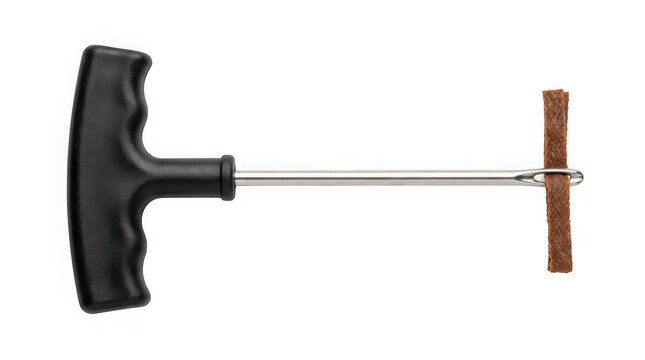 Professional dent puller tool featuring a durable black handle and a replaceable brown adhesive tab on a clear background