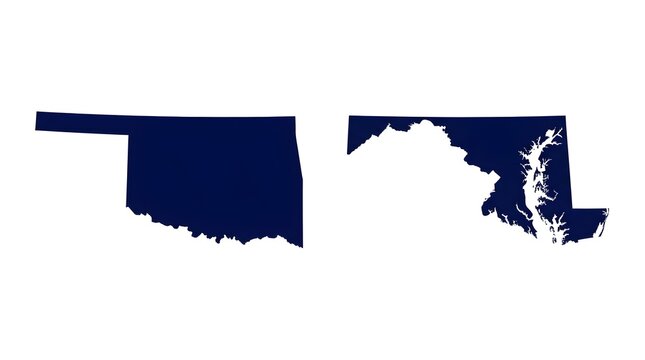 Detailed dark blue silhouettes of Oklahoma and Maryland state maps isolated on clean white background for geography projects