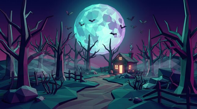 Halloween spooky night landscape with full moon and haunted house. Low poly vector illustration