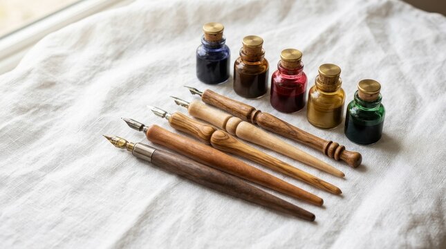 Vintage Calligraphy Pens and Colorful Ink Bottles Arranged on a Textured Fabric Background