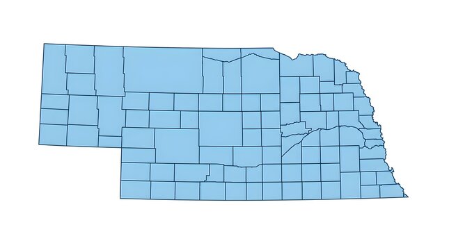 Detailed blue vector map of Nebraska state displaying distinct county boundary lines and geographical territory shapes clearly