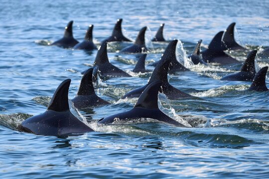 Dolphins in a pod, a group of dolphins swimming together in the ocean  