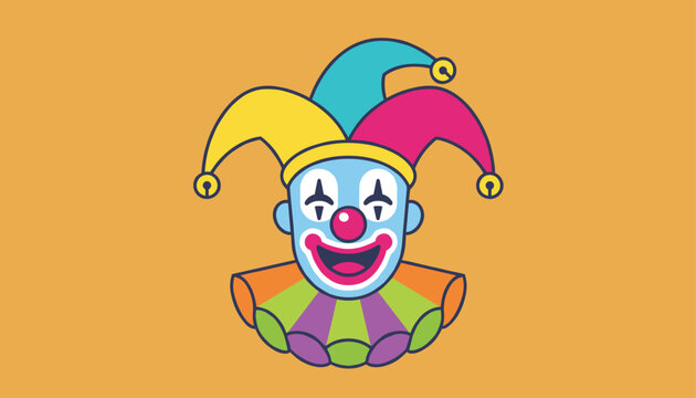 Colorful cute circus clown character head wearing jester hat with bells isolated on warm yellow background.