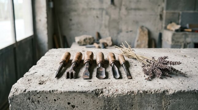 Set of vintage wood carving chisels with wooden handles arranged on a textured stone surface alongside dried lavender