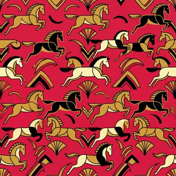 Art Deco Crimson Horse Pattern with Solid Colors and Clean Outlines