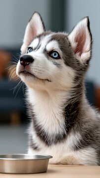 Husky puppy with blue eyes howling beside an empty treat dish at home