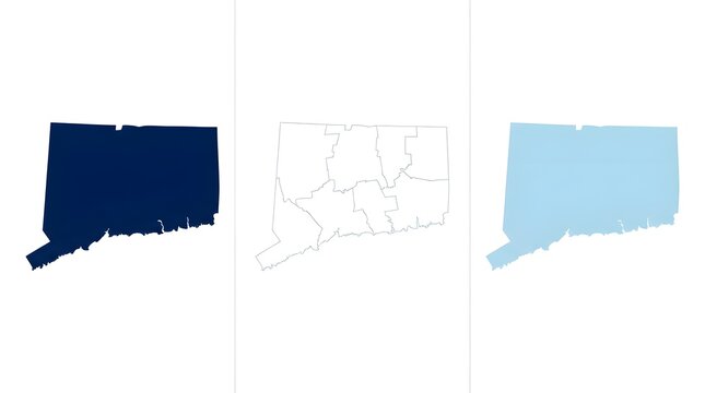 Detailed Connecticut state maps featuring solid dark blue color outline boundaries and light blue variants against plain background