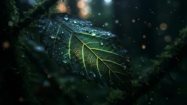 Detailed macro video footage of fresh rainwater droplets glistening on a textured dark green tropical leaf in a natural setting.

