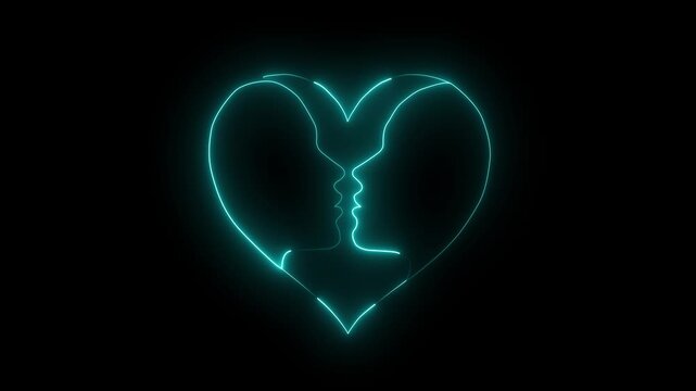 Neon heart silhouette with kissing profiles, romantic glowing love symbol animation for valentine&rsquo;s day and relationship concepts