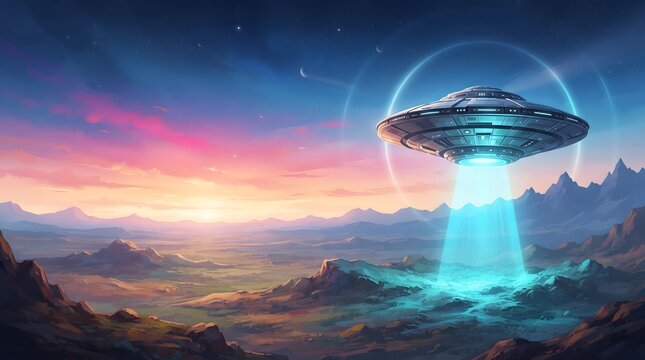 Futuristic metallic UFO with glowing cyan beam hovers over rocky alien landscape under colorful sunset sky with stars and moons.