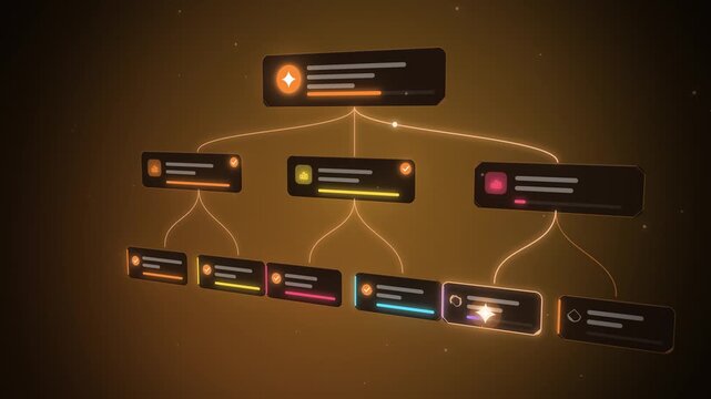 Orange AI agent task tree with glowing sub-task cards seamless loop
