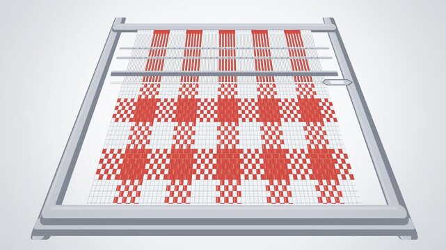 Loom weaving red and white gingham cloth in perspective on light grey