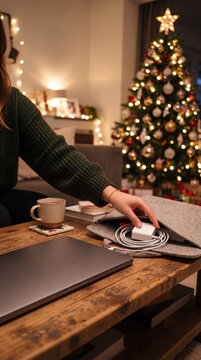 Woman Packing Laptop Charger for Christmas Holiday