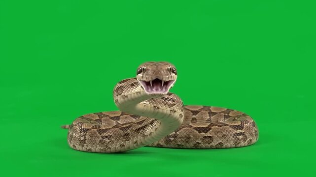 Realistic snake striking forward with a sudden powerful lunge on a vivid green chroma key background, adult snake raising its head and rapidly extending forward in defensive behavior, detailed scales 