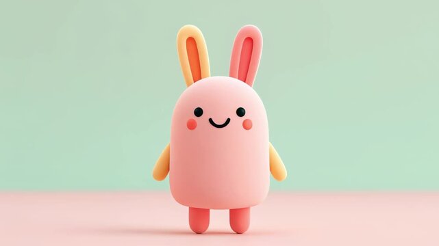 Playful and charming 3d animated bunny character dancing with joy and enthusiasm on a pastel colored background, showcasing cheerful movements and expressions in a seamless loop animation