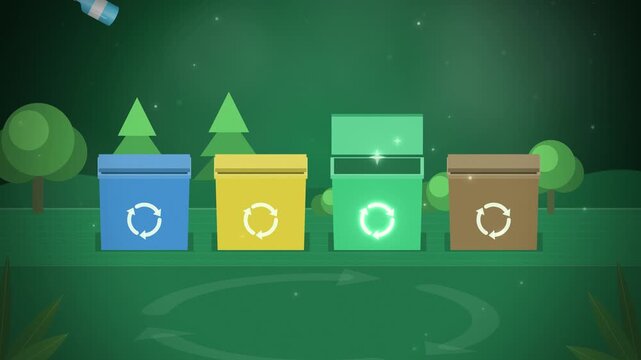 Green color coded recycling bins catching falling items seamless loop