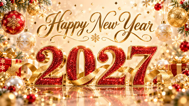 Happy New Year 2027 red glitter numbers with gold script lettering, ribbons, baubles and sparkling bokeh lights festive greeting background