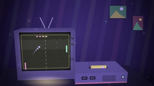 Purple room with retro game console and CRT TV seamless loop