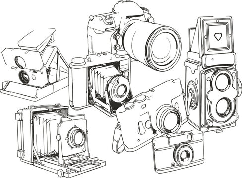 Collection of retro and modern photo cameras vintage folding tlr dslr sketch vector illustration on white